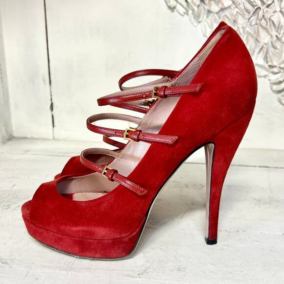 Gucci Lisbeth Suede Strappy Peep Toe Stilettos Heel Pumps Rose Bed Women's 38.5 - Picture 7 of 11